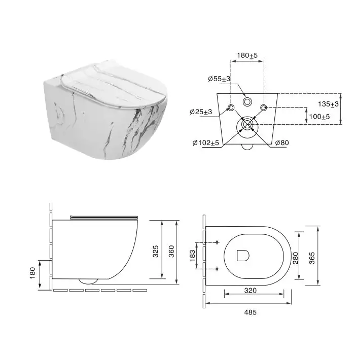 Vas WC suspendat rimless ELOS, marmorat, capac soft-close, 49x36x36cm