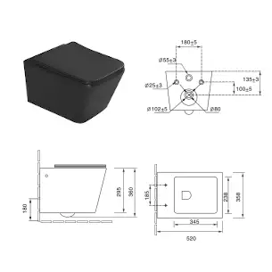 Vas WC suspendat rimless THETA negru, mat, capac soft-close, 52x36x35cm