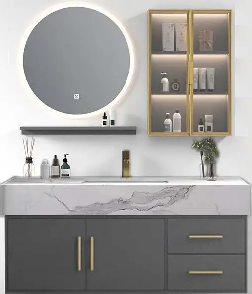 Set mobilier baie cu lavoar Punto White Top, 120cm, suspendat, soft close, oglinda LED, gri, mat