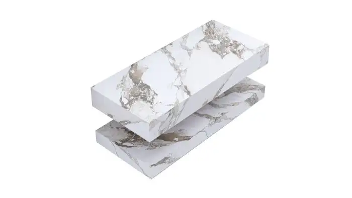 Set mobilier baie suspendat cu doua blaturi Flat Gold Carrara, 120cm, ceramic, alb, marmorat, lucios