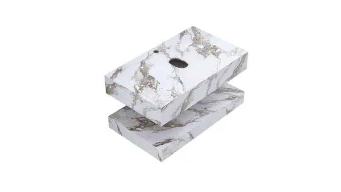 Set mobilier baie suspendat pregaurit, cu doua blaturi, Armonia Gold Carrara, 90cm, ceramic, alb, lucios