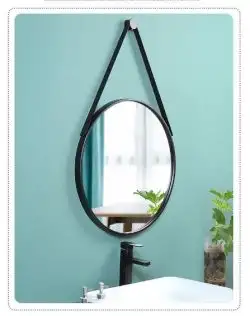Oglinda rotunda de perete, 60 cm, cu curea din piele ecologica, rama neagra