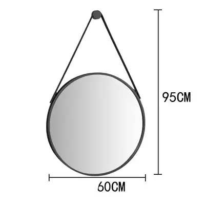 Oglinda rotunda de perete, 60 cm, cu curea din piele ecologica, rama neagra