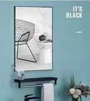 Oglinda dreptunghiulara perete, 60x80cm, colturi drepte, rama neagra, cu polita baie din aluminiu