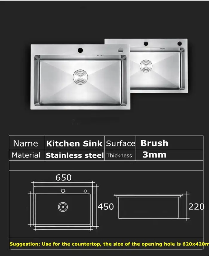 Chiuveta inox adanca, 1 cuva, 65x45 cm, adancime 22 cm, argintiu, finisaj mat