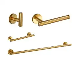 Set accesorii baie Mars din 4 piese, auriu, finisaj periat, din inox, sistem de prindere pentru dibluri, adeziv inclus