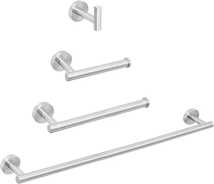 Set accesorii baie Mars din 4 piese, argintiu, din inox, sistem de prindere pentru dibluri, adeziv inclus