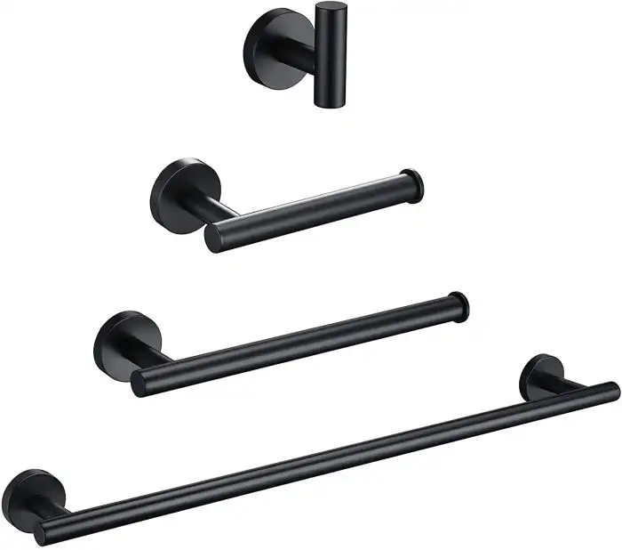 Set accesorii baie Mars din 4 piese, negru, mat, din inox, sistem de prindere pentru dibluri, adeziv inclus