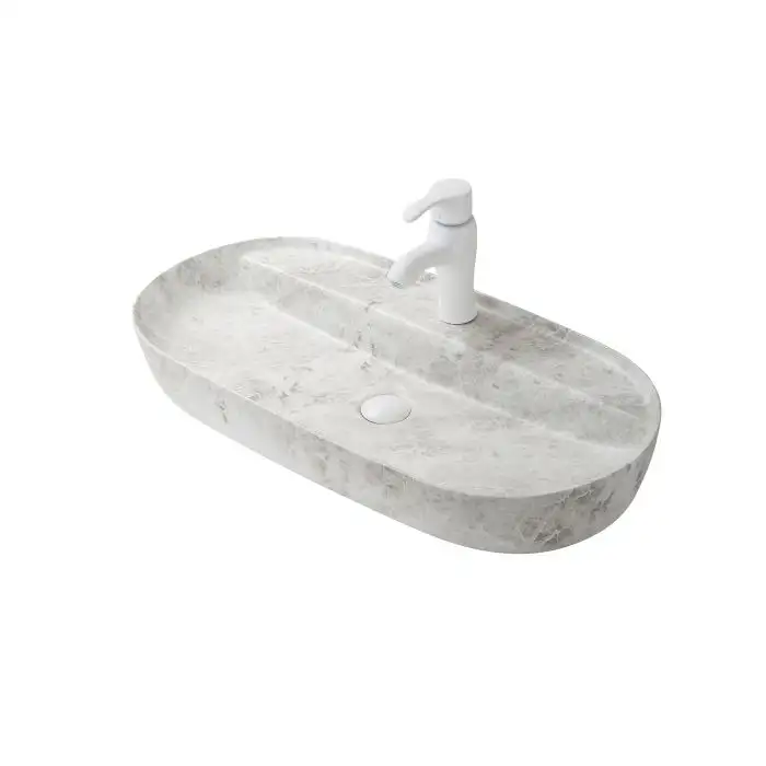 Lavoar pe blat oval Pompei, 81,5x41,5cm, alb, marmorat, portelan, mat