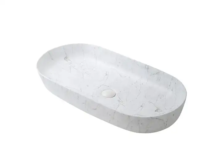 Lavoar pe blat oval Rimini, 81x44 cm, alb, marmorat, portelan, mat