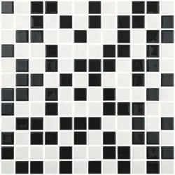 Mozaic sticla 100/900, 31.5x31.5 cm, alb, negru, plasa de fibra de sticla, finisaj lucios, forma patrata