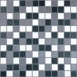 Mozaic sticla Essential Mix Grey, 31.5x31.5 cm, negru, alb, gri, plasa de fibra de sticla, finisaj mat, forma patrata