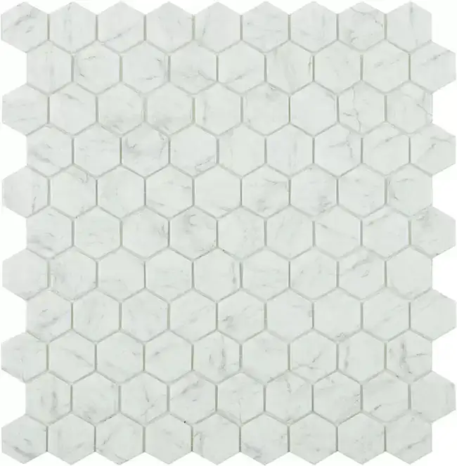 Mozaic sticla Carrara Grey, 31.7x30.7 cm, alb, antiderapant, plasa de fibra de sticla, finisaj lucios, forma hexagonala