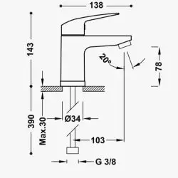 Baterie lavoar Base TRES PLUS, crom, monocomanda, finisaj lucios, alama, inaltime 14.3 cm, lungime pipa 13.8 cm