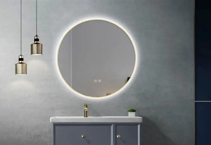 Oglinda de baie cu LED LINES Gold 60cm, cu rama subtire aurie, dezaburire, touch