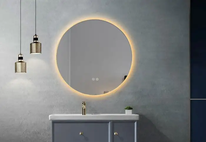 Oglinda de baie cu LED LINES Gold 60cm, cu rama subtire aurie, dezaburire, touch