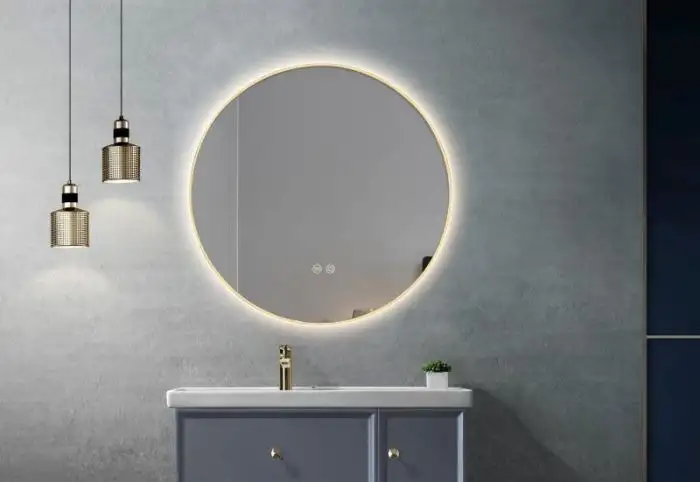 Oglinda de baie cu LED LINES Gold 60cm, cu rama subtire aurie, dezaburire, touch